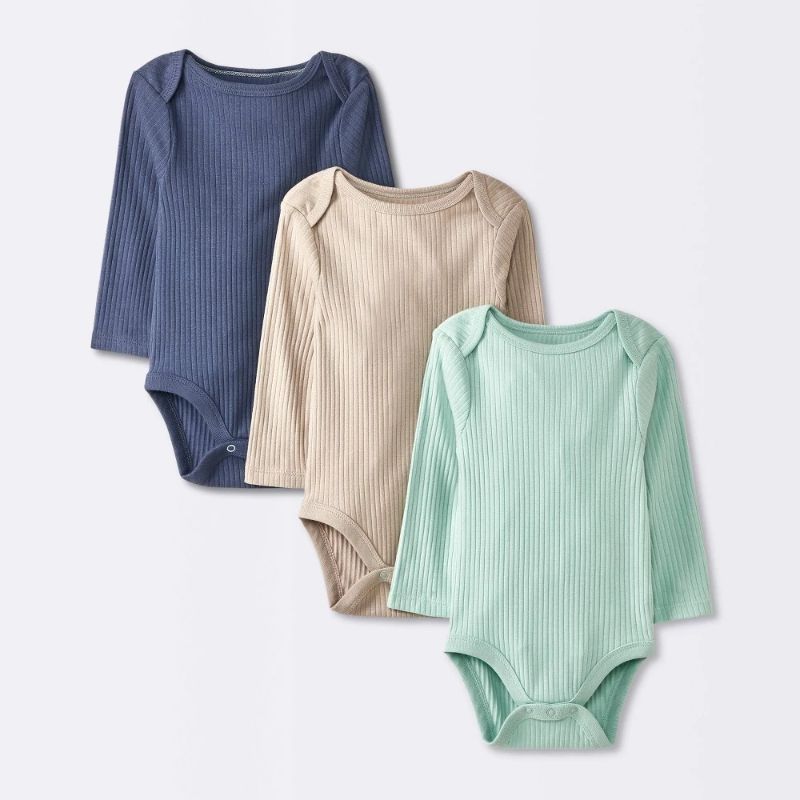 Photo 1 of NB Baby 3pk Solid Long Sleeve Wide Ribbed Bodysuit - Cloud Island™ Blue Newborn: Cotton, Crotch Snap, Lap Shoulder
