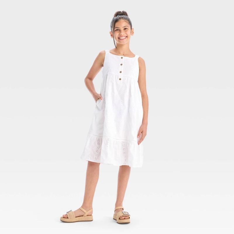 Photo 1 of M(8) Girls' Sleeveless Woven Eyelet MIDI Dress - Cat & Jack™ White M: Cotton Lined, Embroidered, Lace Trim, Side Pocket
