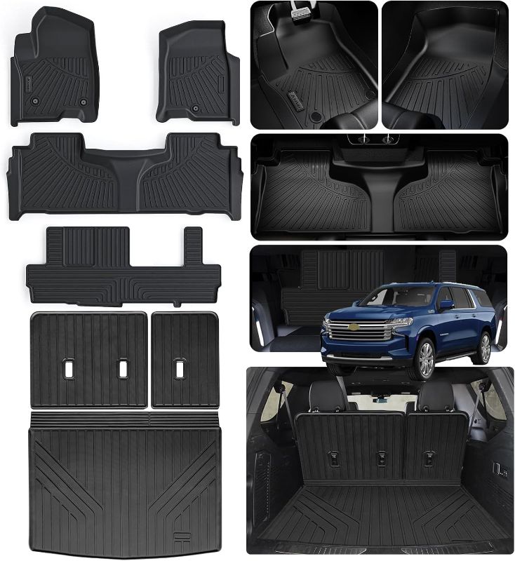 Photo 1 of Floor Mats & Trunk Mat with Backrest Set for 2021-2024 2025 Chevrolet/Chevy Suburban 8 Seats (2 Row Bucket Seats)/GMC Yukon XL(Only XL)/Cadillac Escalade ESV, TPE Car Floor Liners with Cargo Liner