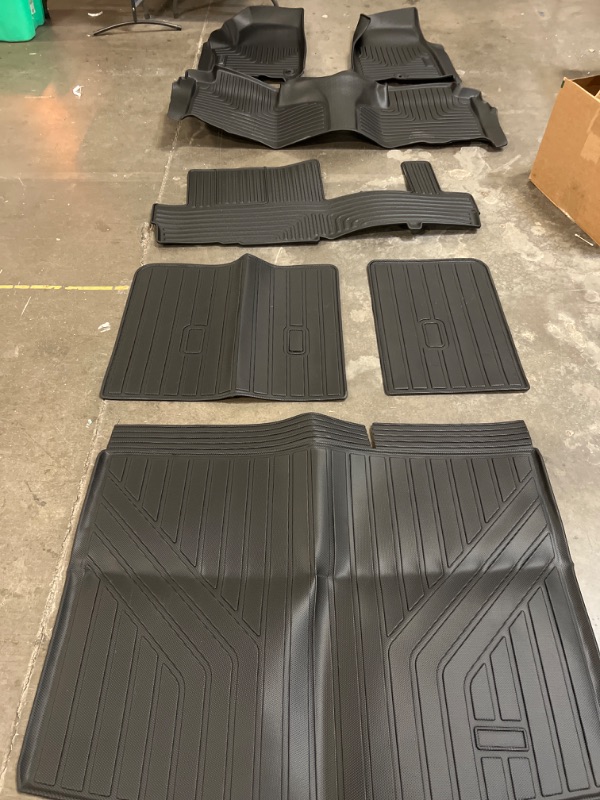 Photo 1 of Floor Mats & Trunk Mat with Backrest Set for 2021-2024 2025 Chevrolet/Chevy Suburban 8 Seats (2 Row Bucket Seats)/GMC Yukon XL(Only XL)/Cadillac Escalade ESV, TPE Car Floor Liners with Cargo Liner