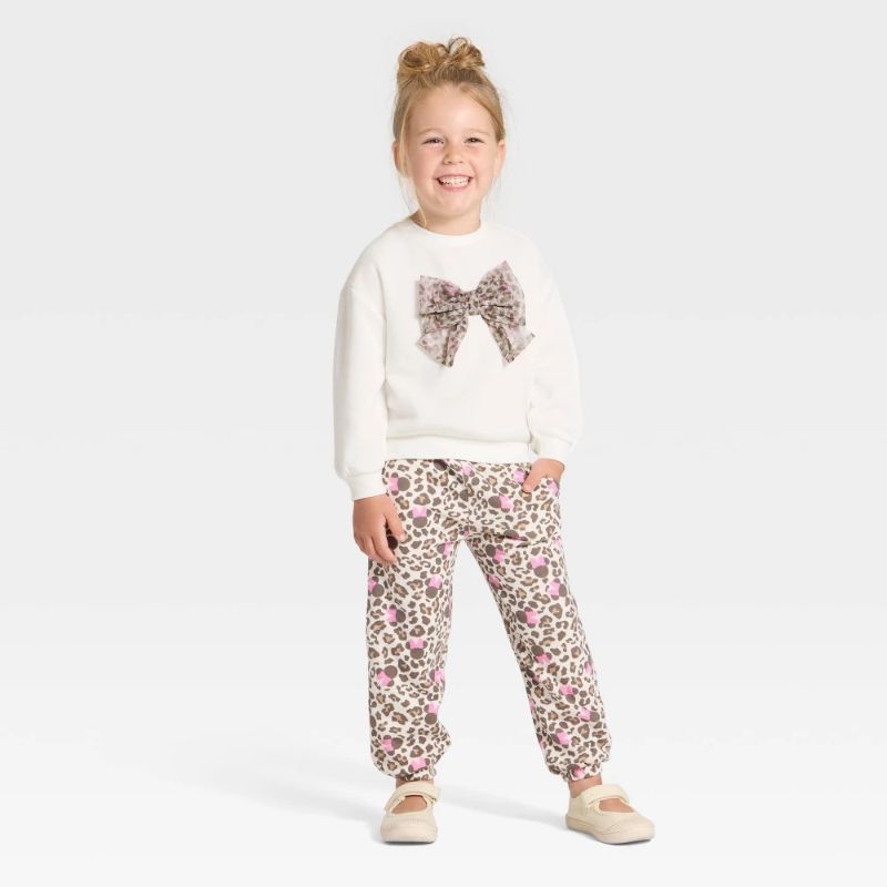 Photo 1 of 3T Toddler Girls' 2pc Disney Minnie Mouse Cozy Fleece Animal Printed Sweatshirt with Tulle Bow and Pants Set Ivory