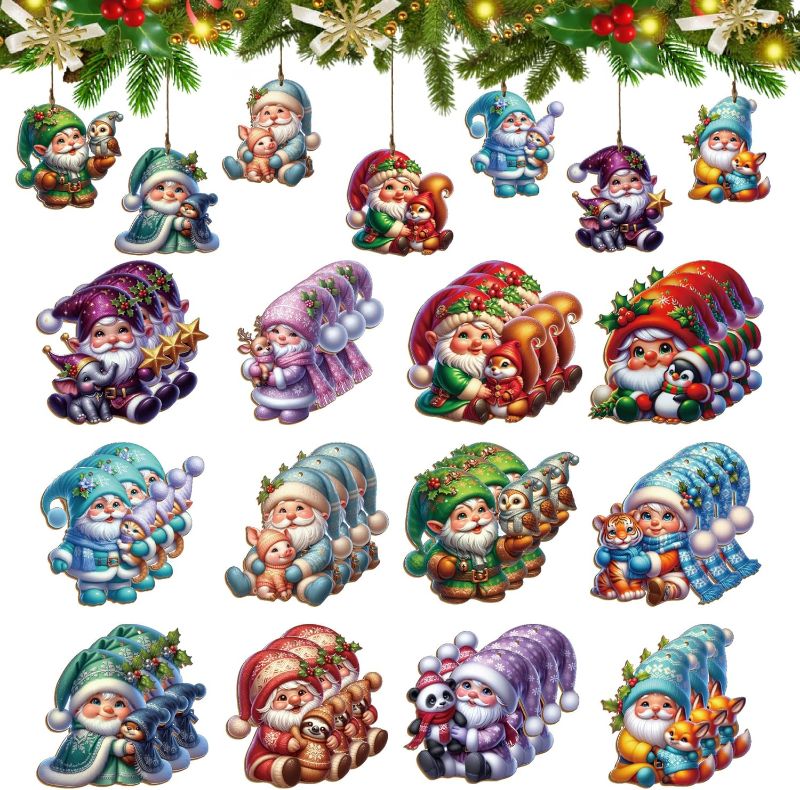 Photo 1 of Generic Christmas Wooden Gnome Animal Ornaments, Handcrafted Holiday Decorations, 3.15 Inch, 36 Pack, 12 Unique Designs with Hemp Rope for Tree, Home Decor
