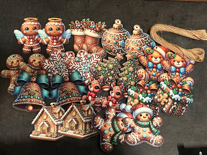 Photo 1 of 24pcs Christmas Wooden Ornaments, 12 Gingerbread Designs for Christmas Tree Hanging Decorations
