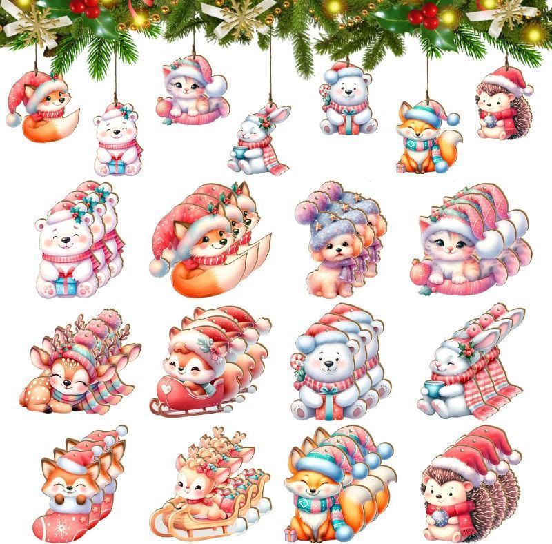 Photo 1 of 24PCS Bulk Wooden Christmas Animal Ornaments - 12 Santa - Hat - Wearing Cute Designs
