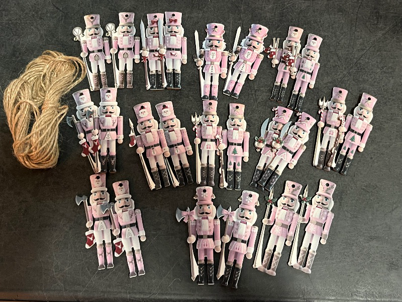View 1 of 24Pcs 12-Design Cute Christmas Nutcracker Wooden Ornaments with Hemp Rope | Hanging Decor for Tree & Home
