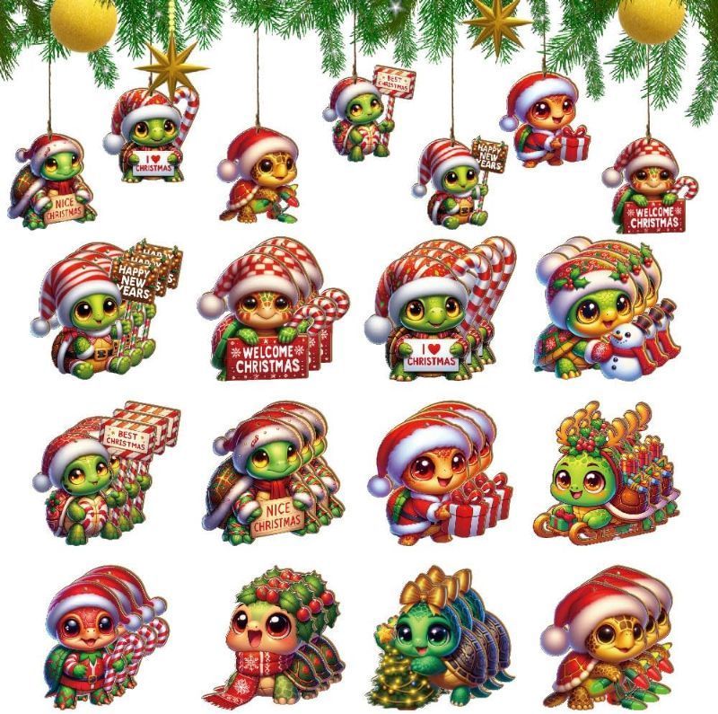 Photo 1 of 24PCS Bulk Wooden Christmas Turtle Ornaments - 12 Festive Red-Green Santa Hat Designs for Tree Decoration

