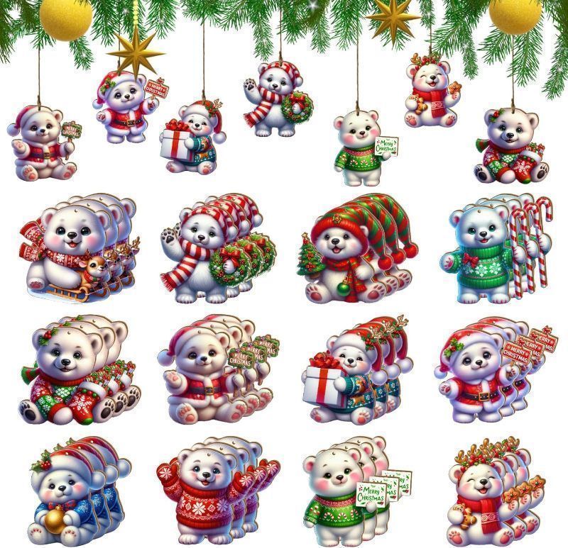 Photo 1 of 24 Pieces, Christmas Bear Wooden Ornaments, 12 Cute Patterns Design Christmas Decoration
