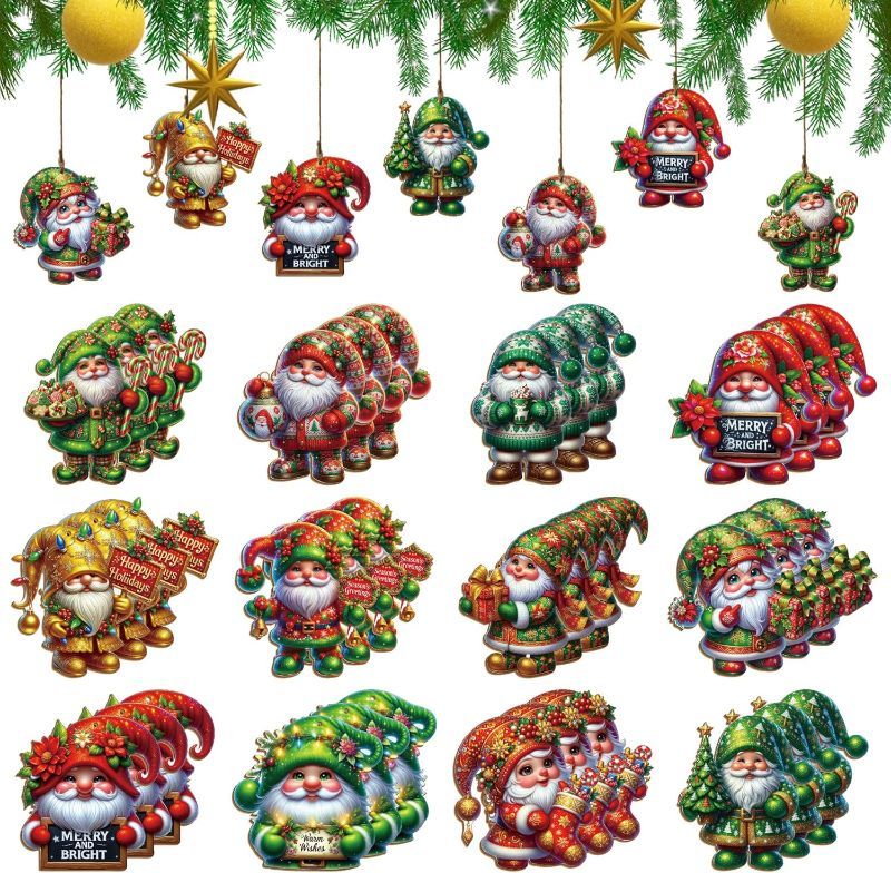 Photo 1 of Christmas Gnome Wooden Ornaments, 24 Pieces with Hemp Rope, 3 Inch Holiday Tree Decorations, 12 Festive Designs, Multicolor
