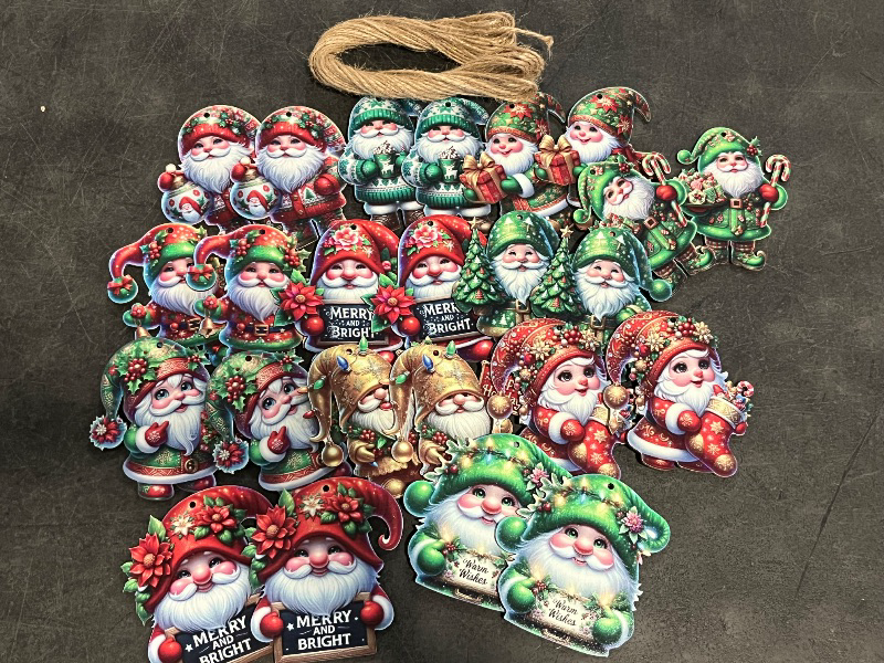 Photo 1 of Christmas Gnome Wooden Ornaments, 24 Pieces with Hemp Rope, 3 Inch Holiday Tree Decorations, 12 Festive Designs, Multicolor