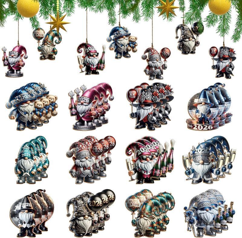 Photo 1 of 2026 Gnome Wooden Ornaments Set, 36 Pieces, 12 Festive Patterns Holiday Tree and Home Decorations
