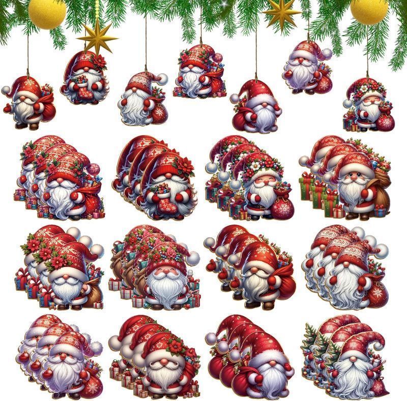 Photo 1 of 24PCS Bulk Red Wooden Gnome Ornaments - 12 Santa-Inspired Festive Designs for Christmas Decoration