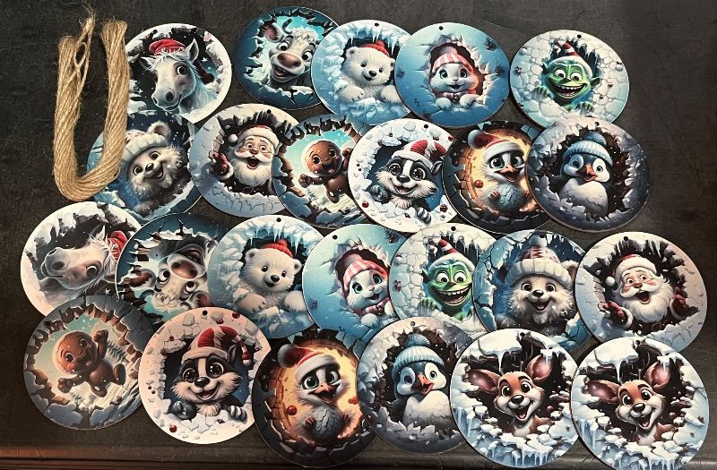 View 2 of Christmas Animal Ornaments Set, 24 Piece Round Wooden Decorations, 12 Unique Winter Designs, 3.15 Inch, DIY Paintable Back with Hemp Rope for Tree Decor