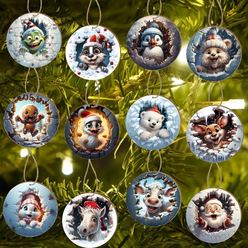 Photo 1 of Christmas Animal Ornaments Set, 24 Piece Round Wooden Decorations, 12 Unique Winter Designs, 3.15 Inch, DIY Paintable Back with Hemp Rope for Tree Decor
