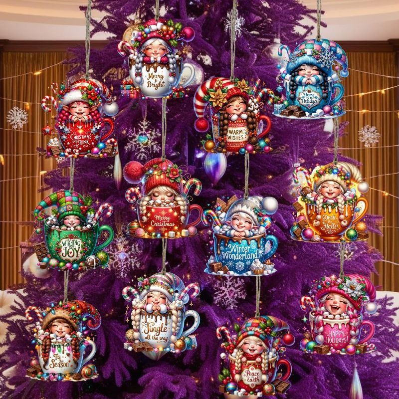 Photo 1 of Christmas Gnome Mug Ornaments, 24Piece Wooden Holiday Decorations, 12 Designs, 3 Inch Tree Decor with Hemp Rope
