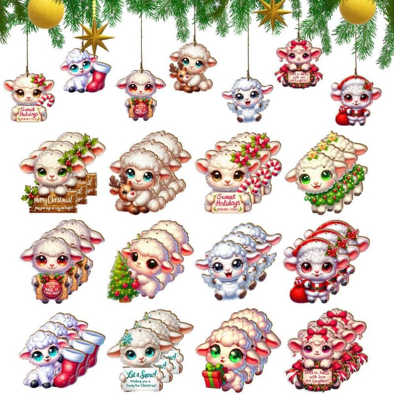 Photo 1 of 24PCS Wooden Christmas Lamb Ornaments - 12 Unique Festive Sheep Designs for Tree & Holiday Decor