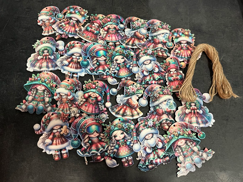 Photo 1 of 24Pcs 12-Design 3.14-Inch Christmas Red Gnome Girl Wooden Ornaments with Hemp Rope, Great for Xmas Tree Decor
