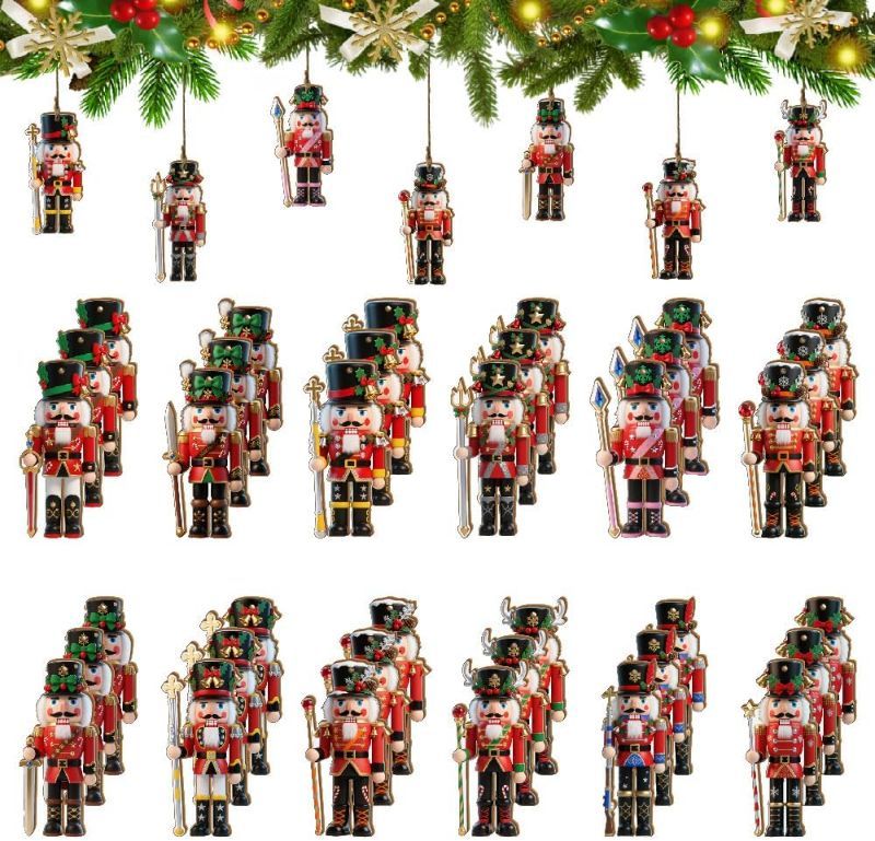 Photo 1 of 36PCS Christmas Wooden Ornaments Red Nutcrackers - 12 Unique Patterns with Hemp Rope | Xmas Tree, Home & Garden Decor