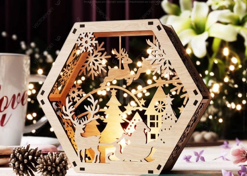 Photo 1 of Hexagon Laser Cut Lamp Snowy Scene Christmas Lantern Candle Holder, Winter Wonderland Decoration Night Light , Wood
