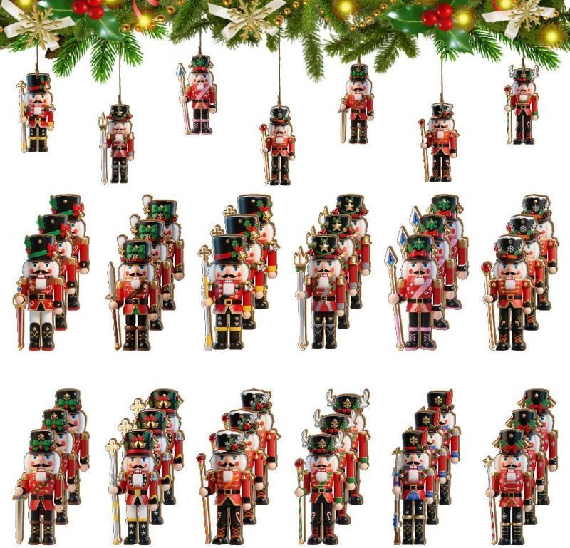 Photo 1 of 36PCS Christmas Wooden Ornaments Red Nutcrackers - 12 Unique Patterns with Hemp Rope | Xmas Tree, Home & Garden Decor
