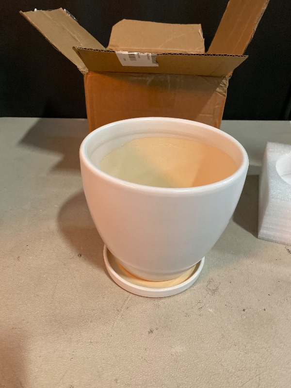 Photo 1 of Ceramic Pots for Plants - 6.8 Inch Plant Pot with Drainage Hole and Saucer, Succulent Round Flower Planters for Indoor, Home Decor, White