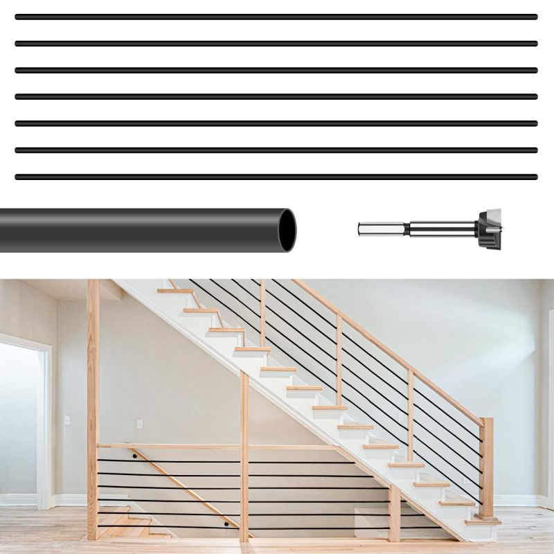 Photo 1 of 7 Pack 4.7 FT x 5/8 inch Iron Stair Balusters Round Horizontal Bar Baluster, Matte Black Hollow Stair Baluster for Indoor Staircase