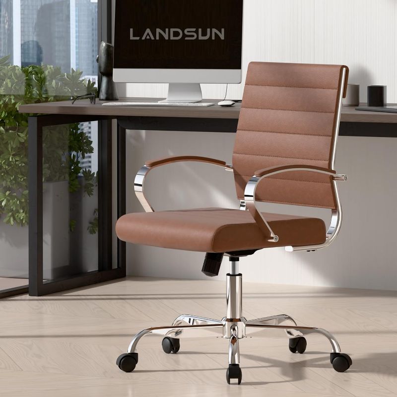 Photo 1 of LANDSUN Home Office Chair Mid Back Desk Chair PU Leather Ribbed Executive Swivel Computer Chair with Wheels and Armrests Soft Padded Adjustable Height Conference Task Brown