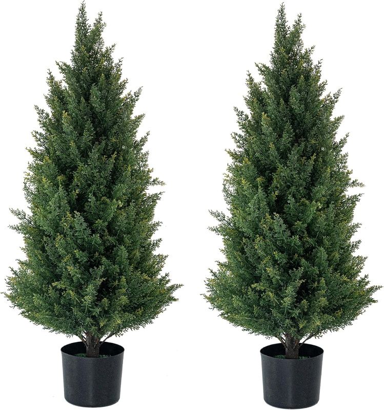 Photo 1 of Artificial Topiary Trees 3 Foot Artificial Cedar Trees UV Resistant Potted Plant Set of 2 Faux Bushes Fake Shrubs for Outdoor Indoor Front Porch Garden