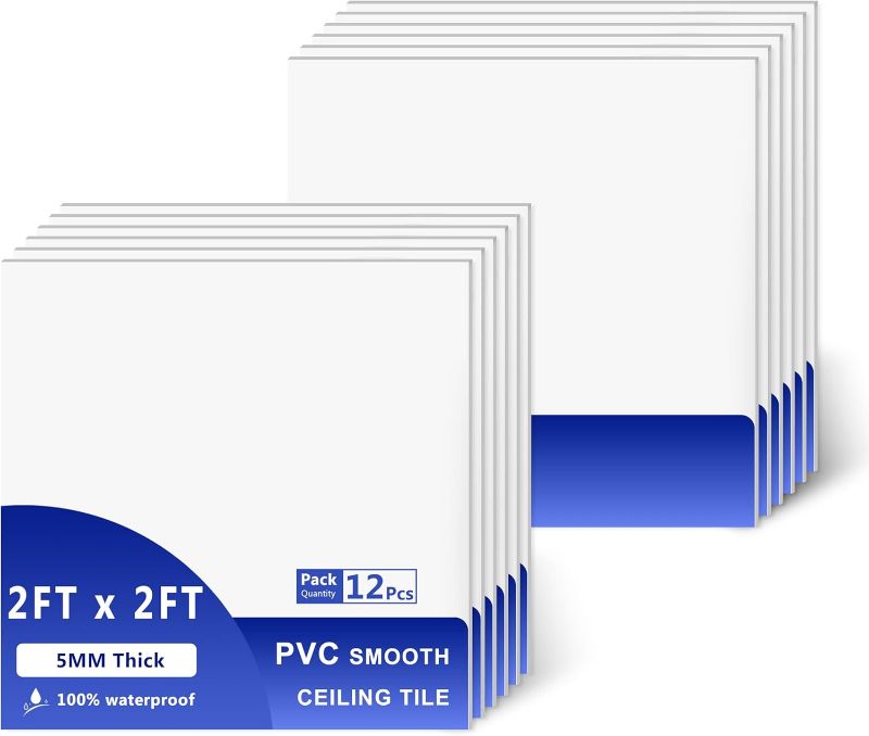 Photo 1 of Smooth Drop Ceiling Tiles 2ft x 2ft - Waterproof, Fire-Rated, Reusable - Premium PVC to Prevent Breakage - Ceiling Tiles 24" x 24", 12-Pack Cover 48 Sq. Ft, White