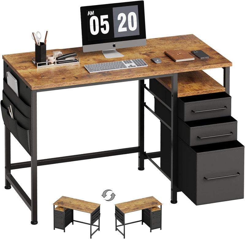 Photo 1 of Maihail small desk with drawers, 40 inch computer desk with shelves, writing desk with storage, small office desk with metal frame (white)