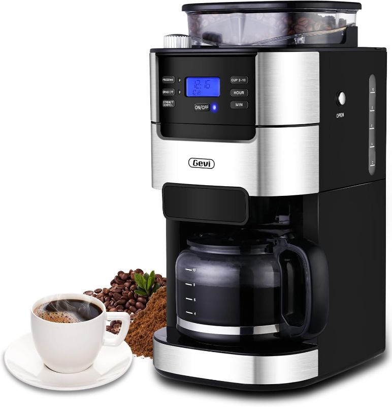 Photo 1 of Gevi 10-Cup Coffee Maker with Built-in Burr Grinder, Programmable Timer, 1.5L Water Tank, Reusable Filter & Warming Plate – Drip Coffee Machine for Fresh Ground Coffee