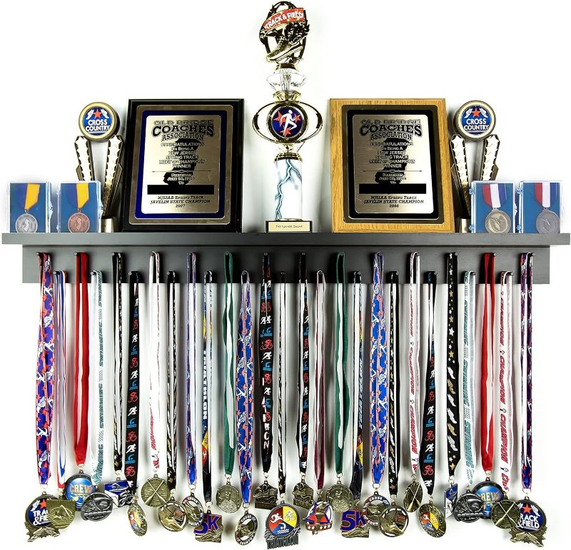 Photo 1 of 3ft- Medal Awards Rack Ultimate Medal Hanger Display and Trophy Shelf - Multi-Sport Trophy and Medal Holder for Medal Display, Plaques, Pictures, Trophies and more. Solid Wood - Large 36" - Black