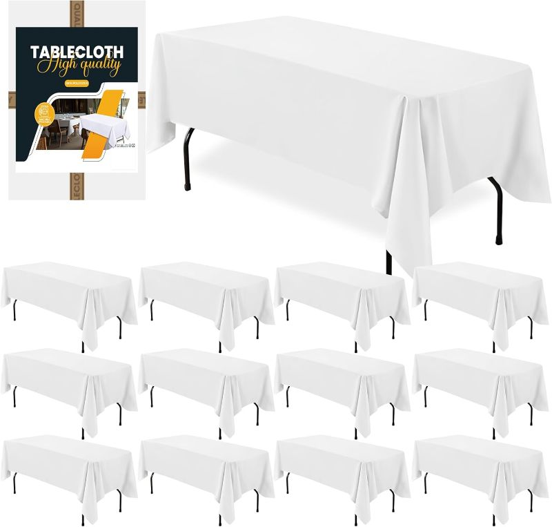 Photo 1 of BIGTONE 12 Pack White Rectangle Tablecloth 60 x 102 Inch, Cross Ribbon Packing Reusable Table Clothes for 6 Foot Tables, Wrinkle Resistant Polyester Fabric Table Cover for Wedding, Party, Banquet