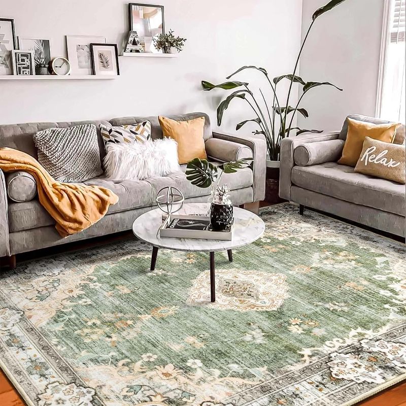 Photo 1 of MUJOO Green Rug 8'x10' Area Rugs for Living Room Washable Rugs Large Area Rug Boho Area Rug 8'x10' for Bedroom Non Slip Abstract Soft Low-Pile Floral Flowers
