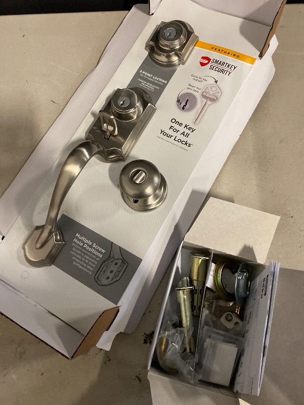 View 2 of Kwikset Signature Series Montara Satin Nickel Exterior Single-Cylinder Deadbolt and Keyed Entry Door Handleset ft. SmartKey Security