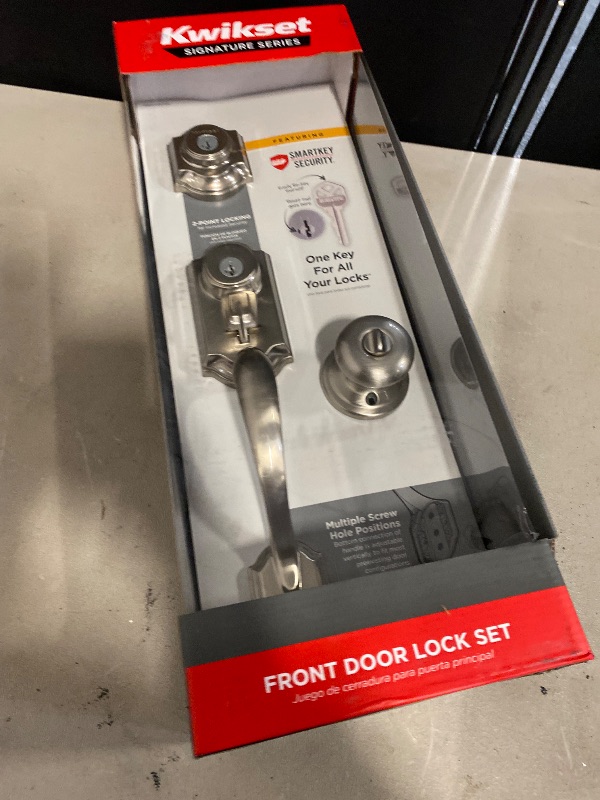 View 3 of Kwikset Signature Series Montara Satin Nickel Exterior Single-Cylinder Deadbolt and Keyed Entry Door Handleset ft. SmartKey Security