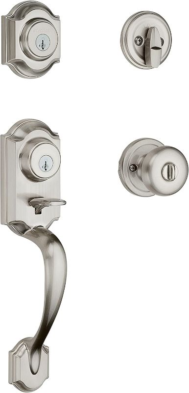 View 1 of Kwikset Signature Series Montara Satin Nickel Exterior Single-Cylinder Deadbolt and Keyed Entry Door Handleset ft. SmartKey Security