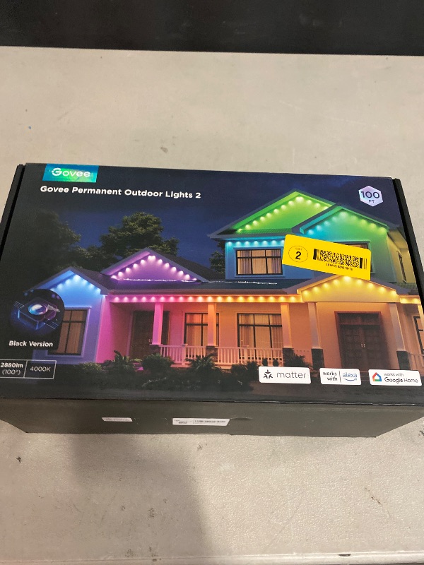 Photo 1 of Govee Permanent Outdoor Lights 2, 100ft RGBIC Outdoor Lights with 72 LED Lights, IP67 Waterproof, 100 Scene Modes with 40lm White for Outdoor Decorations, Works with Alexa, Google Assistant, Black