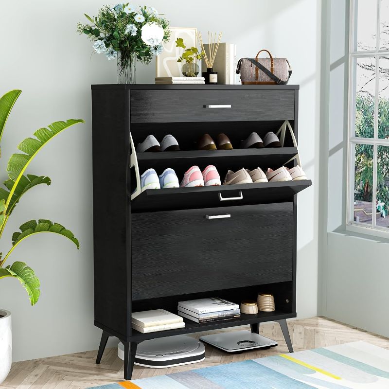 Photo 1 of Lamerge Shoe Storage Cabinet for Entryway, Free Standing Shoe Organizer with 2 Flip Drawers?Hidden Shoe Rack Storage Organizer for Doorway Hallway Closet, Black