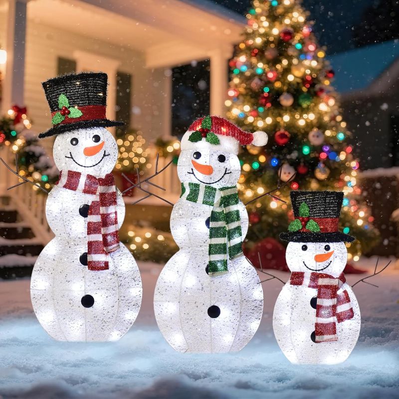 Photo 1 of 3-Piece 2D Light-Up Christmas Snowman Family Set - Large Outdoor Yard Decoration Holiday Decor with 80 LED Warm White Lights