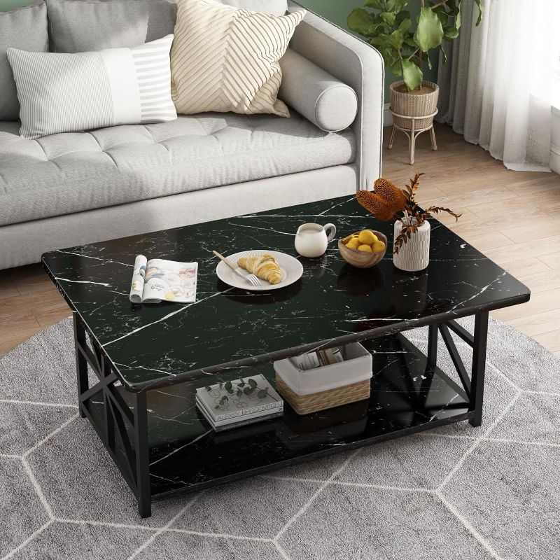 Photo 1 of AWQM Faux Marble Coffee Table for Living Room,Modern 2-Tier Coffee Table with Storage,Rectangular Center Table for Sofa,Sturdy Frame,Black