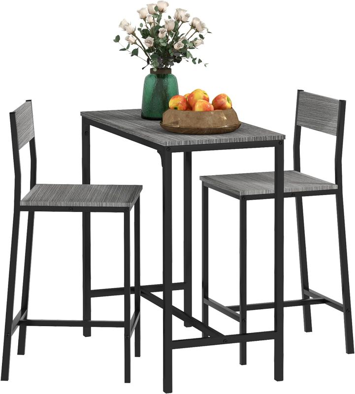 Photo 1 of HOMCOM 3 Piece Bar Table and Chairs, Industrial Dining Table Set for 2, Counter Height Kitchen Table with Bar stools, Breakfast Table Set for 2 for Small Space, Gray
