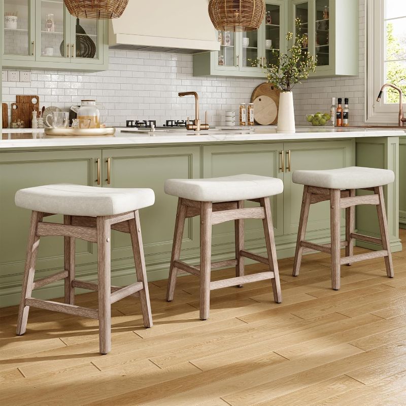 Photo 1 of MAISON ARTS Bar Stools Set of 3 Counter Height for Kitchen Counter Solid Wood Legs with Fabric Saddle Seat Farmhouse Barstools for 34"-38" Counter Island Upholstered Stools, 24in, Creamy White