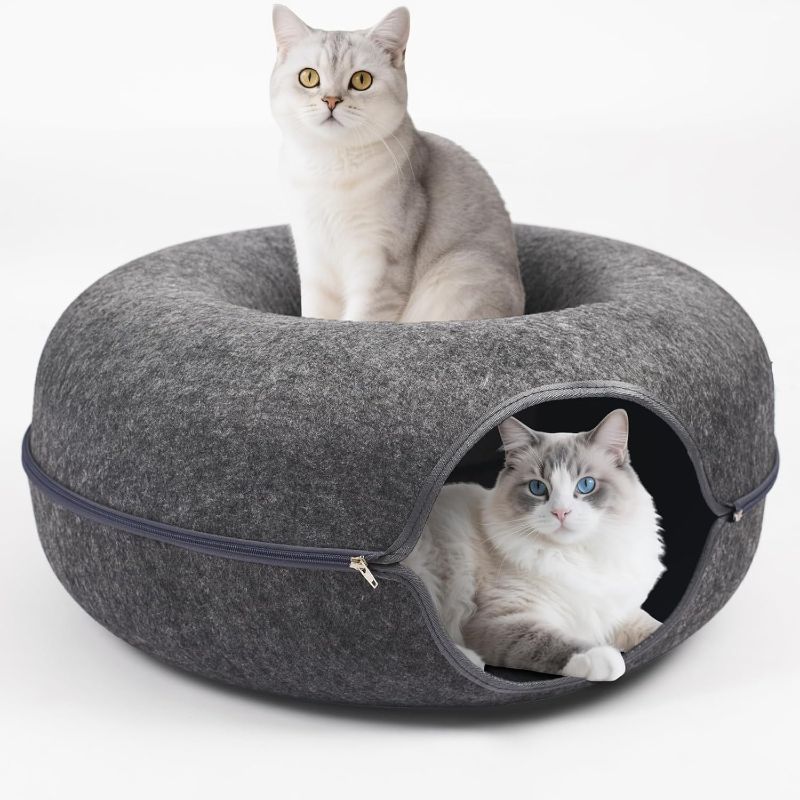 Photo 1 of Cat Caves for Indoor Cats, Large Cat Tunnel for Multiple & Large Cats, Scratch Detachable Peekaboo Cat Cave Bed, Kitten Donut Kitty Hideaway Up to 45 Lbs Dark Grey