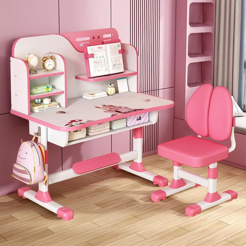 Photo 1 of LEAQU Kids Desk and Chair Set, Study Table and Chair, Desk for Kids, Children's Desks with Golden Distance Design, Homeschooling Writing Desk with Desktop for Boys and Girls (Pink 3)