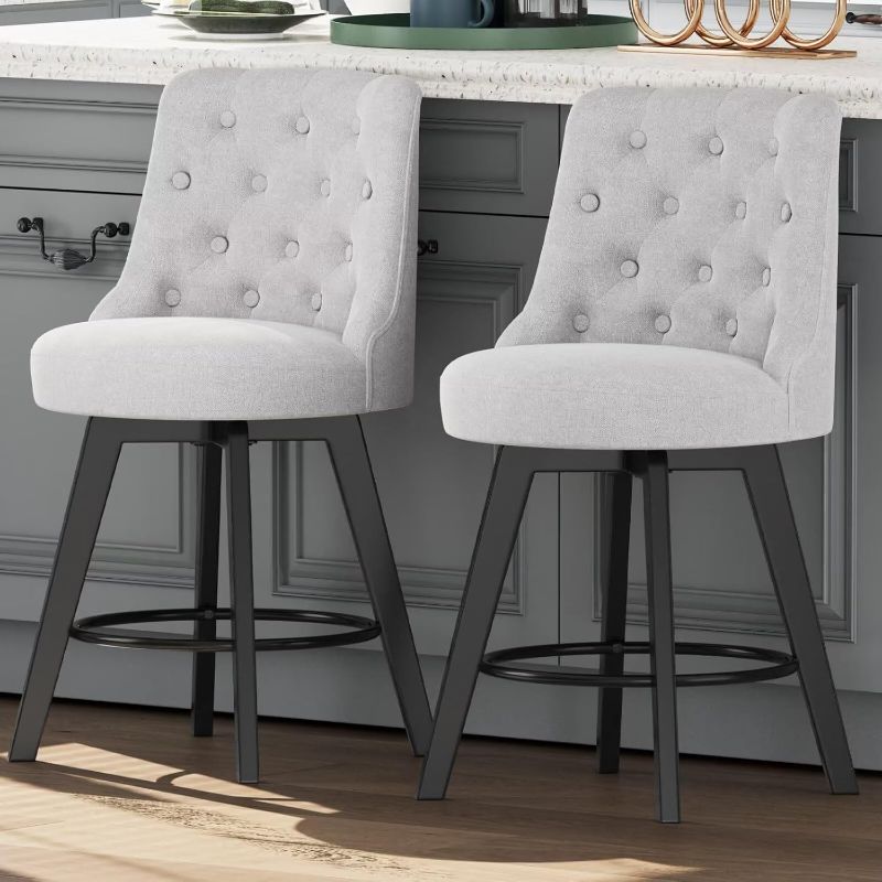 Photo 1 of MINCETA Bar Stools Set of 2, 26 Inch Upholstered Barstools with Low Tufted Back and Foot Rest, Swivel Counter Height Barstools for Kitchen Island Home Bar Performance Fabric Beige & Gray