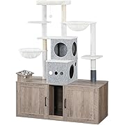 Photo 1 of HOOBRO Cat Tree with 47.2" Dual Litter Box Enclosure, 63.4" Tall Multi-Functional Tower for Cats, Hidden Litter Box Enclosure Furniture, with Feeding Bowls, Scratching Posts, Hammocks, Greige BG23MZ03