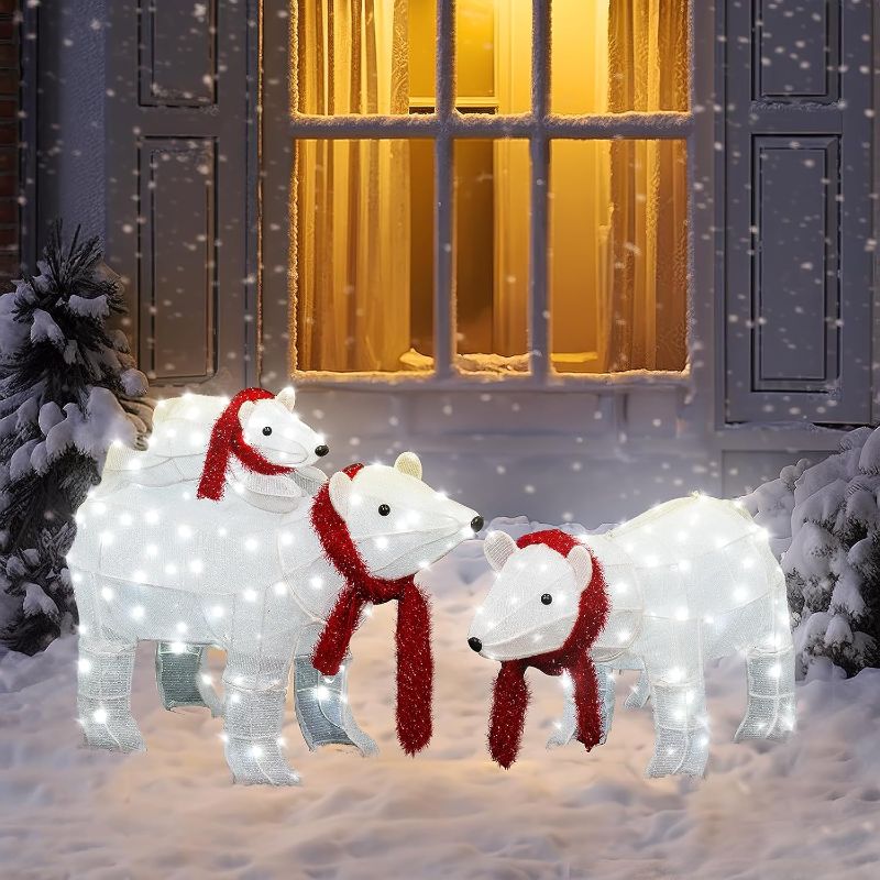Photo 1 of AWQM 3-Piece Lighted Polar Bear Family,Large Outdoor Indoor Christmas Decorations for Front Yard,Holiday Light Up Decorations w/ 210 LED Lights, Stakes, Zip Ties - White