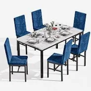 Photo 1 of AWQM 7 Piece Dining Table Set for 6, Faux Marble Kitchen Table with 6 Velvet Chairs, Modern Dining Room Table Set for Small Space, Living Room, Apartment, White+Blue