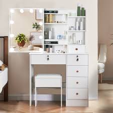 Photo 1 of JBLCC White Vanity Set with Mirror and Lights, Small Vanity for Girls, Makeup Desk with Vanity Stool, Makeup Table w/ Drawers and Storage Shelves