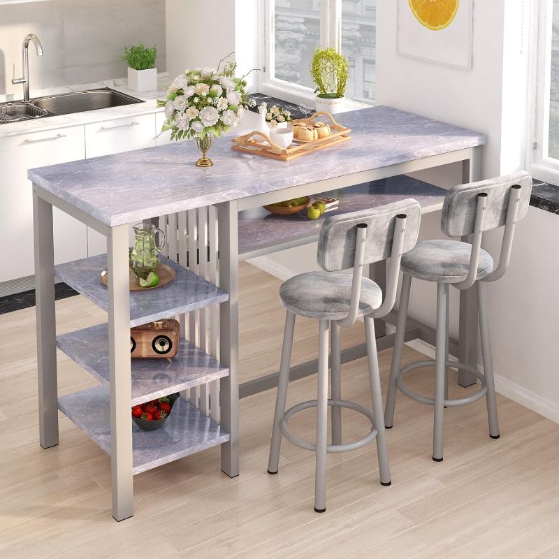 Photo 1 of AWQM 3-Piece Bar Table and Chairs Set, Modern Glay Table with 2 PU Cushion Bar Stools, Kitchen Counter with 3 Tier Storage Shelves, Space Saving Table for Home & Kitchen, 